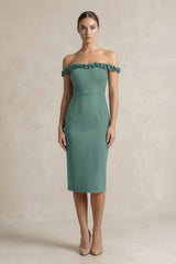 Off - the - Shoulder Sheath Ruffled Midi Bridesmaid Dress in Dark Teal - KISS BRIDAL Bridesmaid Dresses