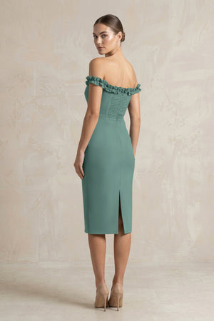 Off - the - Shoulder Sheath Ruffled Midi Bridesmaid Dress in Dark Teal - KISS BRIDAL Bridesmaid Dresses