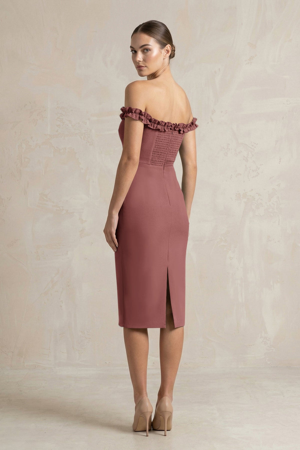 Off - the - Shoulder Sheath Ruffled Midi Bridesmaid Dress in Desert Rose - KISS BRIDAL Bridesmaid Dresses