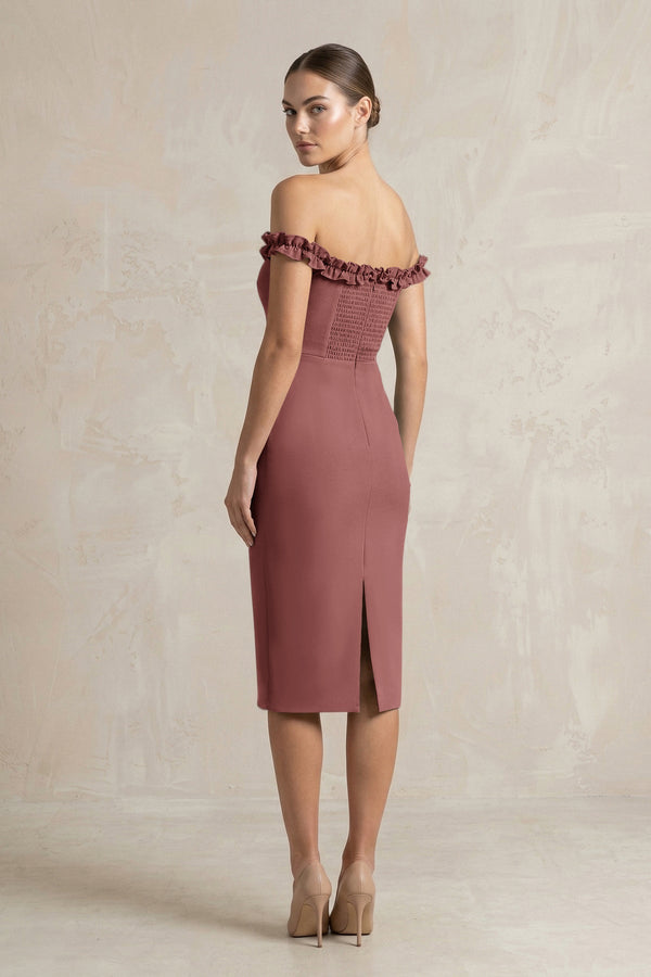 Off - the - Shoulder Sheath Ruffled Midi Bridesmaid Dress in Desert Rose - KISS BRIDAL Bridesmaid Dresses