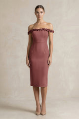 Off - the - Shoulder Sheath Ruffled Midi Bridesmaid Dress in Desert Rose - KISS BRIDAL Bridesmaid Dresses