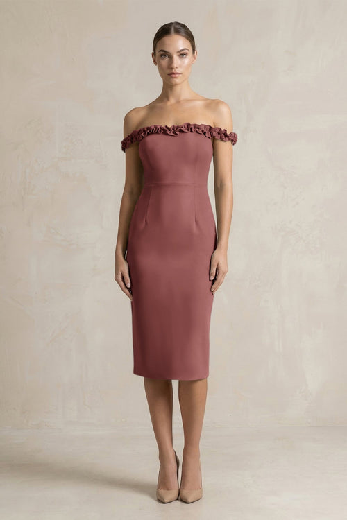 Off - the - Shoulder Sheath Ruffled Midi Bridesmaid Dress in Desert Rose - KISS BRIDAL Bridesmaid Dresses