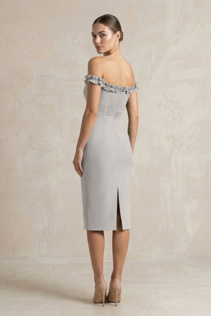 Off - the - Shoulder Sheath Ruffled Midi Bridesmaid Dress in Dove Gray - KISS BRIDAL Bridesmaid Dresses