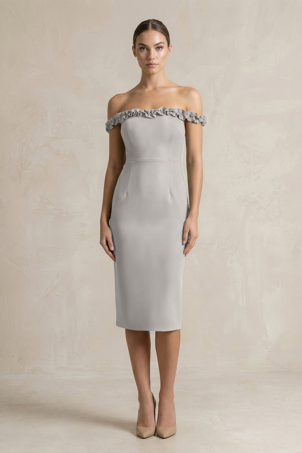 Off - the - Shoulder Sheath Ruffled Midi Bridesmaid Dress in Dove Gray - KISS BRIDAL Bridesmaid Dresses