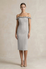 Off - the - Shoulder Sheath Ruffled Midi Bridesmaid Dress in Dove Gray - KISS BRIDAL Bridesmaid Dresses
