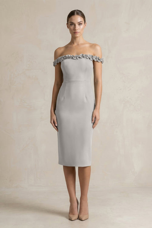 Off - the - Shoulder Sheath Ruffled Midi Bridesmaid Dress in Dove Gray - KISS BRIDAL Bridesmaid Dresses