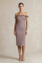 Off - the - Shoulder Sheath Ruffled Midi Bridesmaid Dress in Dusk - KISS BRIDAL Bridesmaid Dresses