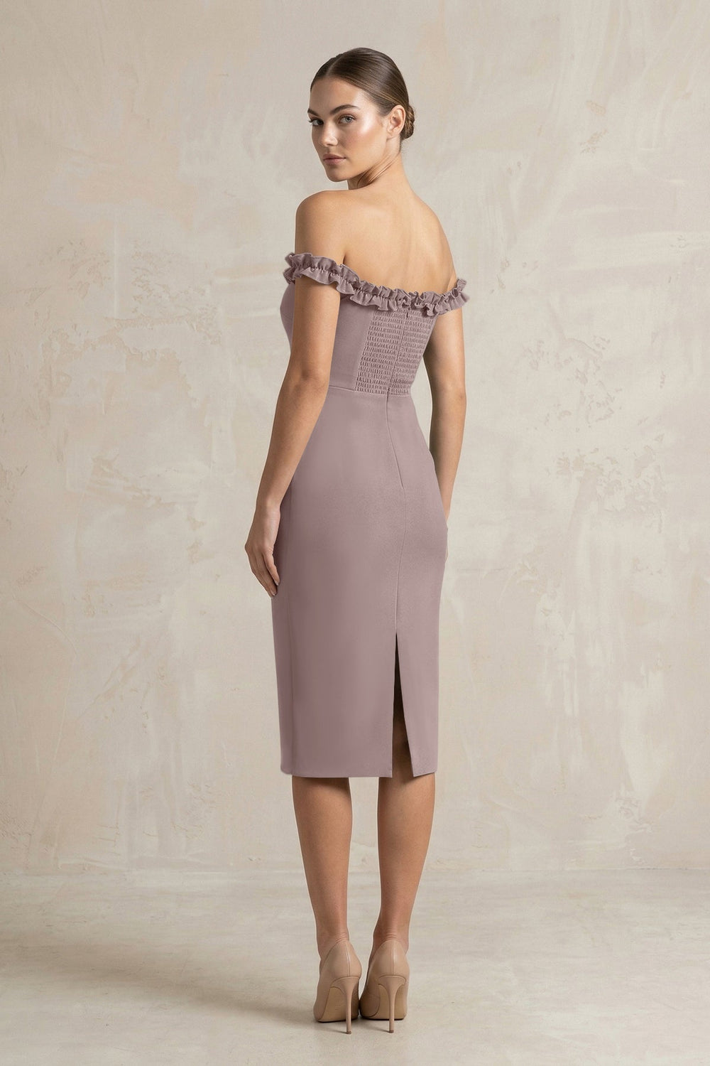 Off - the - Shoulder Sheath Ruffled Midi Bridesmaid Dress in Dusk - KISS BRIDAL Bridesmaid Dresses