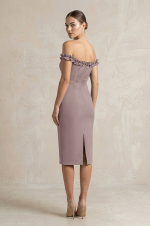 Off - the - Shoulder Sheath Ruffled Midi Bridesmaid Dress in Dusk - KISS BRIDAL Bridesmaid Dresses