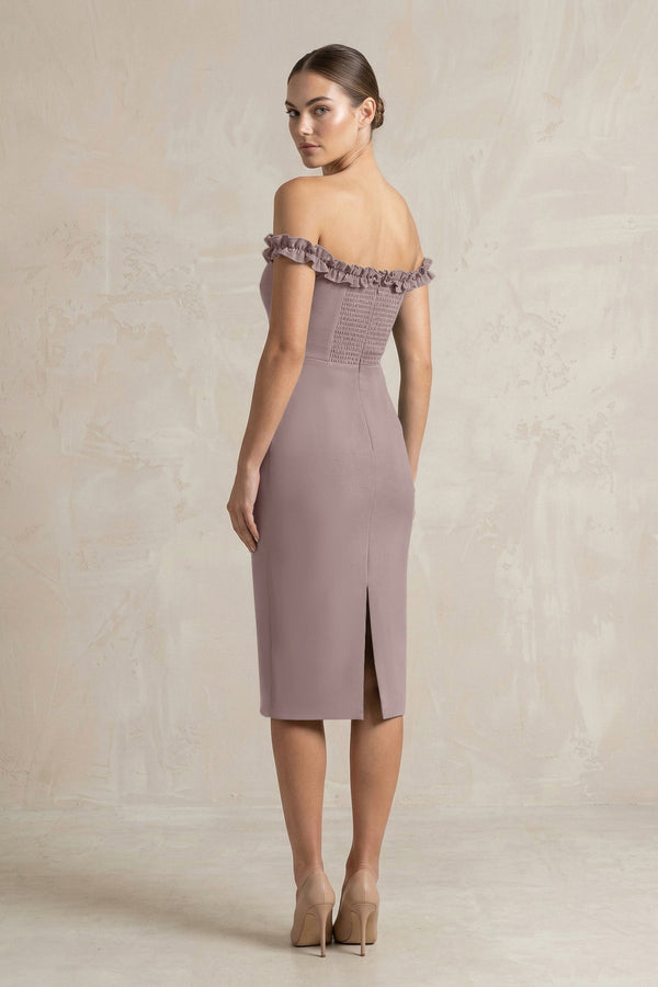 Off - the - Shoulder Sheath Ruffled Midi Bridesmaid Dress in Dusk - KISS BRIDAL Bridesmaid Dresses