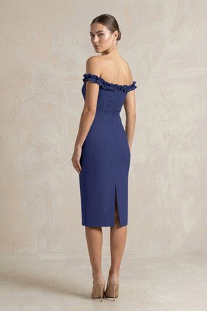 Off - the - Shoulder Sheath Ruffled Midi Bridesmaid Dress in Dusk Blue - KISS BRIDAL Bridesmaid Dresses