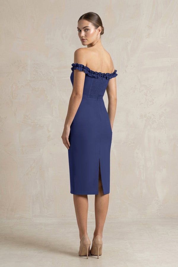 Off - the - Shoulder Sheath Ruffled Midi Bridesmaid Dress in Dusk Blue - KISS BRIDAL Bridesmaid Dresses