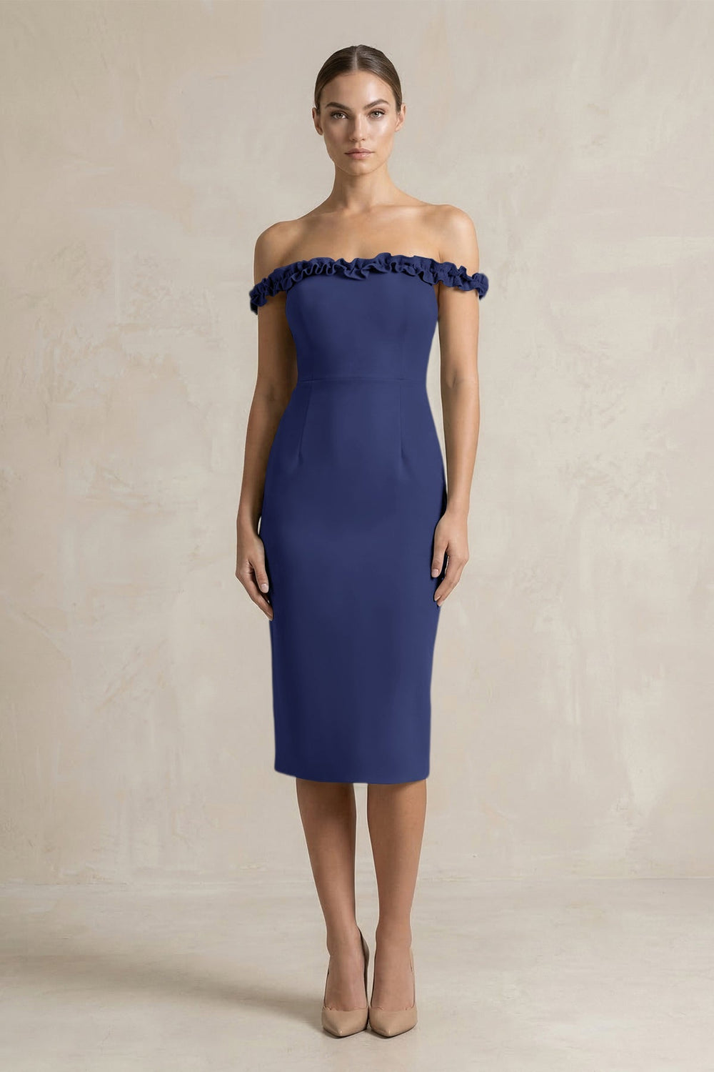 Off - the - Shoulder Sheath Ruffled Midi Bridesmaid Dress in Dusk Blue - KISS BRIDAL Bridesmaid Dresses