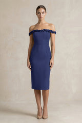 Off - the - Shoulder Sheath Ruffled Midi Bridesmaid Dress in Dusk Blue - KISS BRIDAL Bridesmaid Dresses