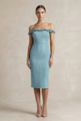 Off - the - Shoulder Sheath Ruffled Midi Bridesmaid Dress in Dusty Blue - KISS BRIDAL Bridesmaid Dresses