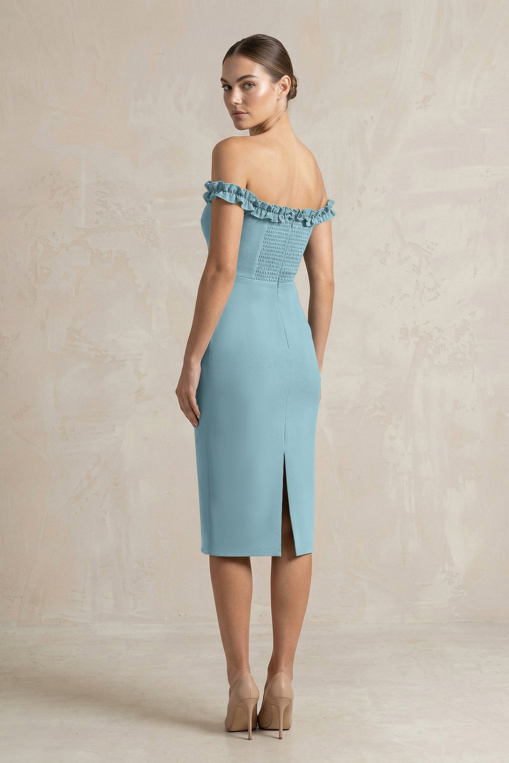 Off - the - Shoulder Sheath Ruffled Midi Bridesmaid Dress in Dusty Blue - KISS BRIDAL Bridesmaid Dresses