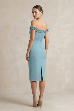 Off - the - Shoulder Sheath Ruffled Midi Bridesmaid Dress in Dusty Blue - KISS BRIDAL Bridesmaid Dresses