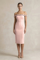 Off - the - Shoulder Sheath Ruffled Midi Bridesmaid Dress in Dusty Rose - KISS BRIDAL Bridesmaid Dresses