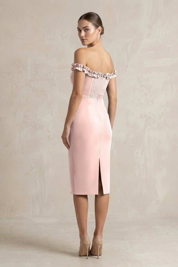 Off - the - Shoulder Sheath Ruffled Midi Bridesmaid Dress in Dusty Rose - KISS BRIDAL Bridesmaid Dresses