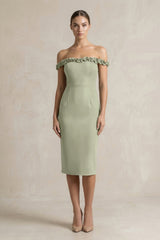 Off - the - Shoulder Sheath Ruffled Midi Bridesmaid Dress in Dusty Sage - KISS BRIDAL Bridesmaid Dresses