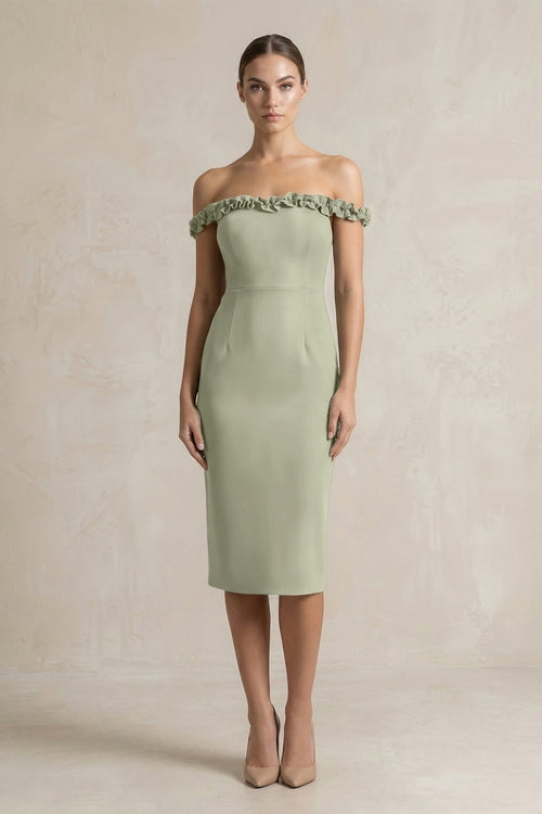 Off - the - Shoulder Sheath Ruffled Midi Bridesmaid Dress in Dusty Sage - KISS BRIDAL Bridesmaid Dresses