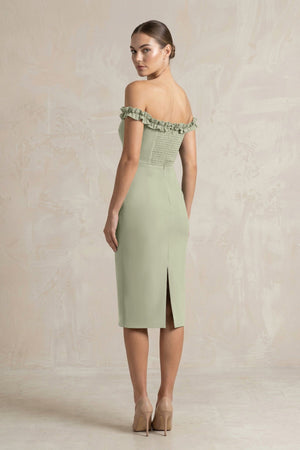 Off - the - Shoulder Sheath Ruffled Midi Bridesmaid Dress in Dusty Sage - KISS BRIDAL Bridesmaid Dresses
