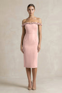 Off - the - Shoulder Sheath Ruffled Midi Bridesmaid Dress in English Rose - KISS BRIDAL Bridesmaid Dresses