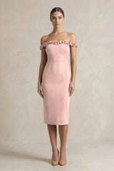 Off - the - Shoulder Sheath Ruffled Midi Bridesmaid Dress in English Rose - KISS BRIDAL Bridesmaid Dresses