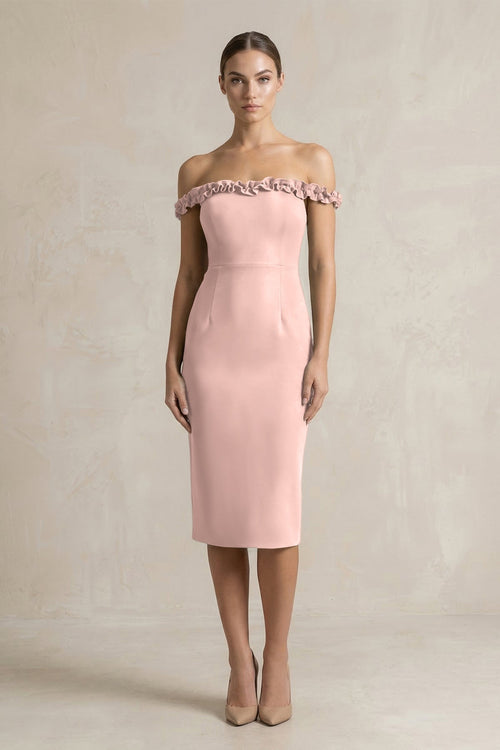 Off - the - Shoulder Sheath Ruffled Midi Bridesmaid Dress in English Rose - KISS BRIDAL Bridesmaid Dresses