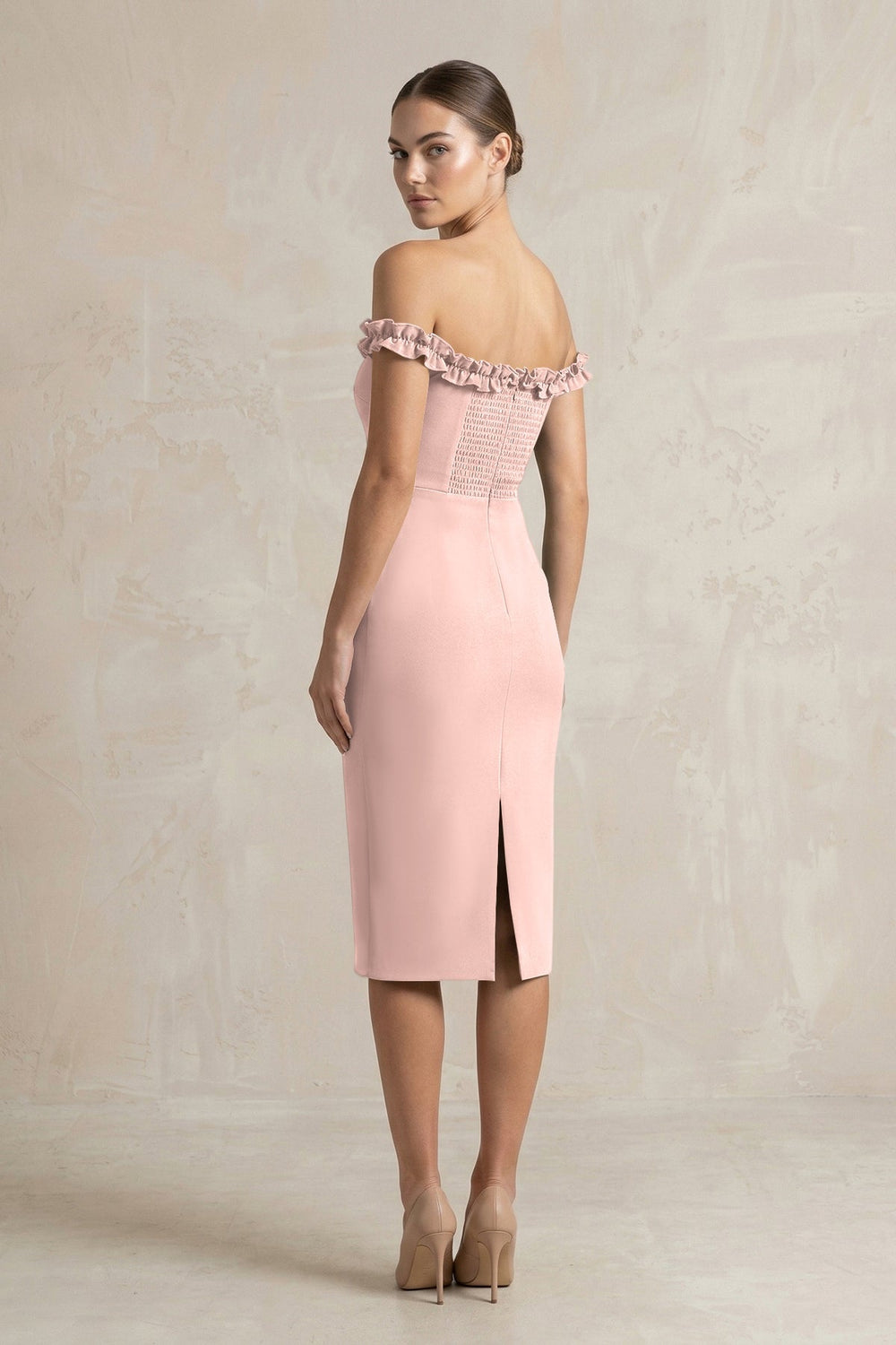 Off - the - Shoulder Sheath Ruffled Midi Bridesmaid Dress in English Rose - KISS BRIDAL Bridesmaid Dresses