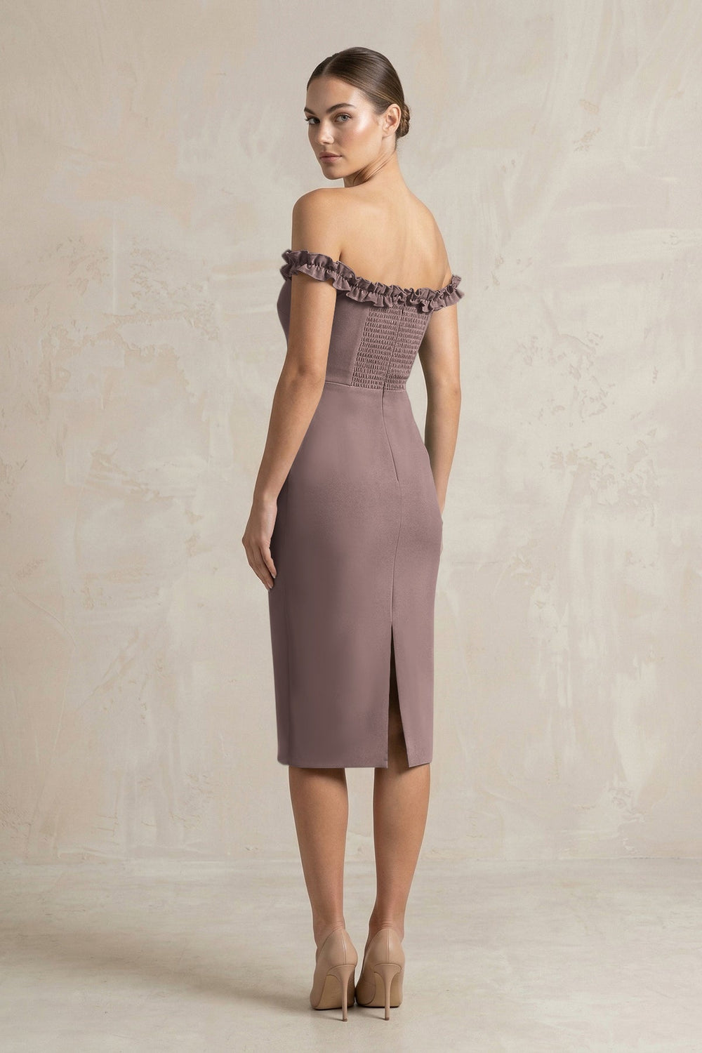 Off - the - Shoulder Sheath Ruffled Midi Bridesmaid Dress in Espresso - KISS BRIDAL Bridesmaid Dresses