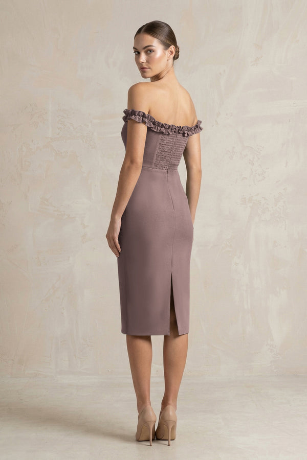 Off - the - Shoulder Sheath Ruffled Midi Bridesmaid Dress in Espresso - KISS BRIDAL Bridesmaid Dresses