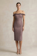 Off - the - Shoulder Sheath Ruffled Midi Bridesmaid Dress in Espresso - KISS BRIDAL Bridesmaid Dresses