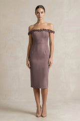 Off - the - Shoulder Sheath Ruffled Midi Bridesmaid Dress in Espresso - KISS BRIDAL Bridesmaid Dresses