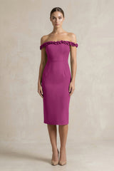 Off - the - Shoulder Sheath Ruffled Midi Bridesmaid Dress in Fig - KISS BRIDAL Bridesmaid Dresses