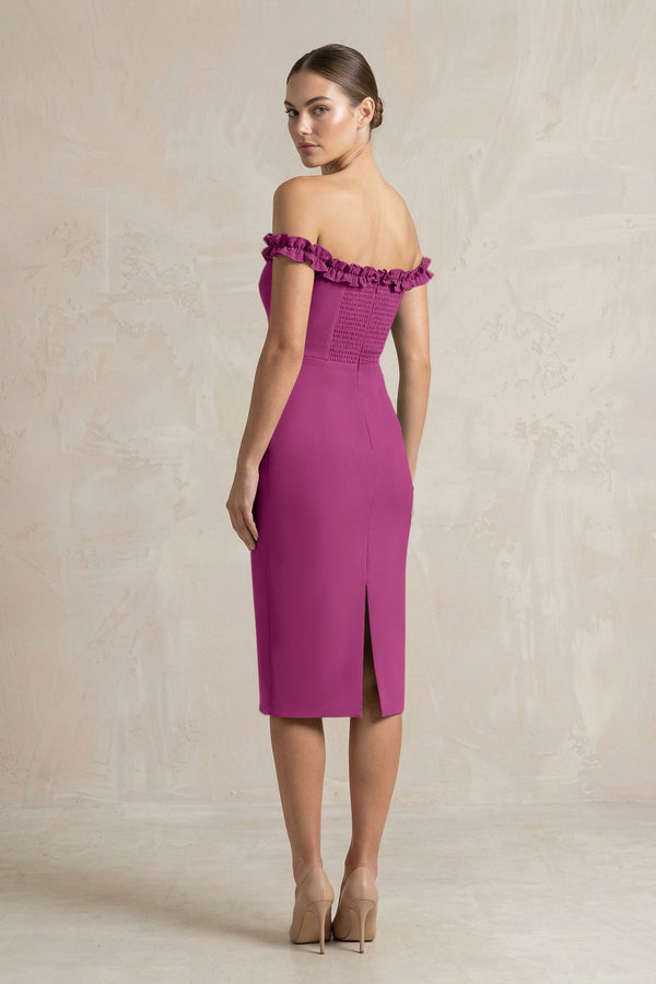 Off - the - Shoulder Sheath Ruffled Midi Bridesmaid Dress in Fig - KISS BRIDAL Bridesmaid Dresses