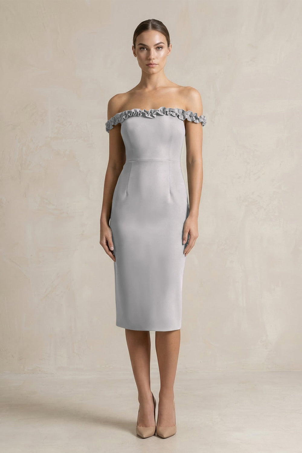 Off - the - Shoulder Sheath Ruffled Midi Bridesmaid Dress in Frost - KISS BRIDAL Bridesmaid Dresses