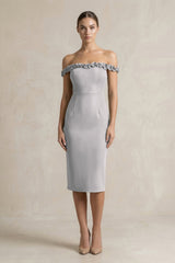 Off - the - Shoulder Sheath Ruffled Midi Bridesmaid Dress in Frost - KISS BRIDAL Bridesmaid Dresses