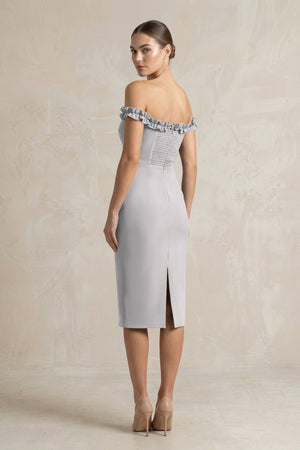 Off - the - Shoulder Sheath Ruffled Midi Bridesmaid Dress in Frost - KISS BRIDAL Bridesmaid Dresses