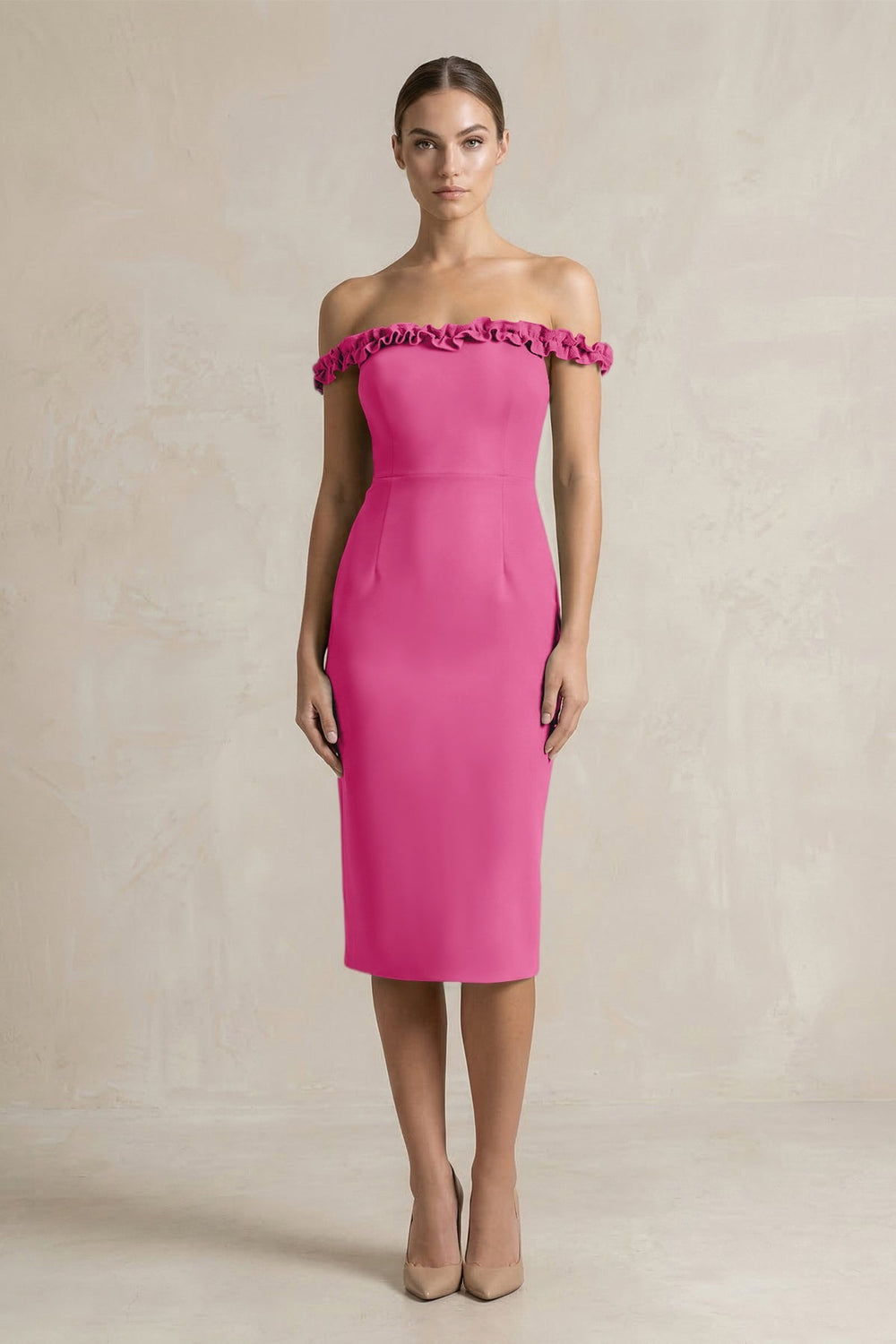 Off - the - Shoulder Sheath Ruffled Midi Bridesmaid Dress in Fuchsia - KISS BRIDAL Bridesmaid Dresses