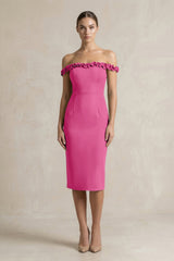 Off - the - Shoulder Sheath Ruffled Midi Bridesmaid Dress in Fuchsia - KISS BRIDAL Bridesmaid Dresses