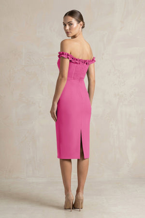 Off - the - Shoulder Sheath Ruffled Midi Bridesmaid Dress in Fuchsia - KISS BRIDAL Bridesmaid Dresses