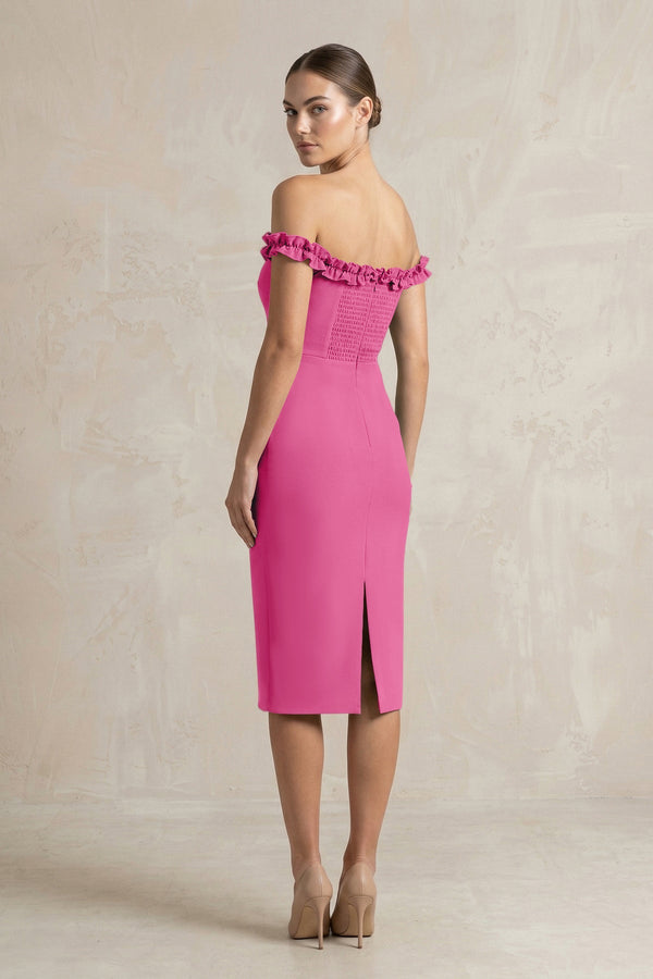 Off - the - Shoulder Sheath Ruffled Midi Bridesmaid Dress in Fuchsia - KISS BRIDAL Bridesmaid Dresses