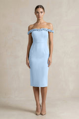 Off - the - Shoulder Sheath Ruffled Midi Bridesmaid Dress in Ice - KISS BRIDAL Bridesmaid Dresses