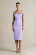 Off - the - Shoulder Sheath Ruffled Midi Bridesmaid Dress in Lavender - KISS BRIDAL Bridesmaid Dresses