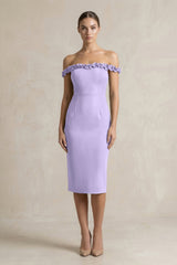 Off - the - Shoulder Sheath Ruffled Midi Bridesmaid Dress in Lavender - KISS BRIDAL Bridesmaid Dresses