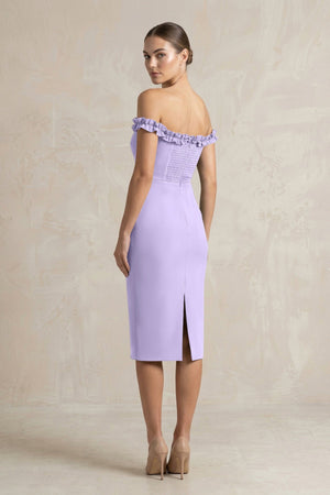 Off - the - Shoulder Sheath Ruffled Midi Bridesmaid Dress in Lavender - KISS BRIDAL Bridesmaid Dresses