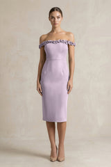 Off - the - Shoulder Sheath Ruffled Midi Bridesmaid Dress in Lavender Grey - KISS BRIDAL Bridesmaid Dresses