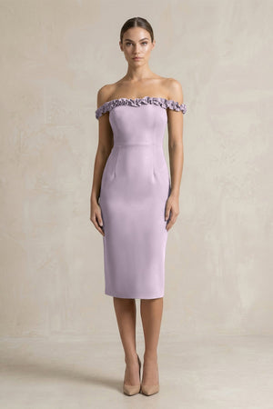 Off - the - Shoulder Sheath Ruffled Midi Bridesmaid Dress in Lavender Grey - KISS BRIDAL Bridesmaid Dresses