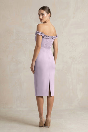 Off - the - Shoulder Sheath Ruffled Midi Bridesmaid Dress in Lavender Grey - KISS BRIDAL Bridesmaid Dresses
